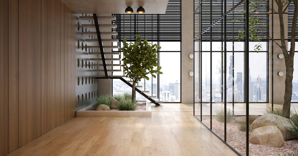 Eine Wohnung im biophilen Design mit Holzboden