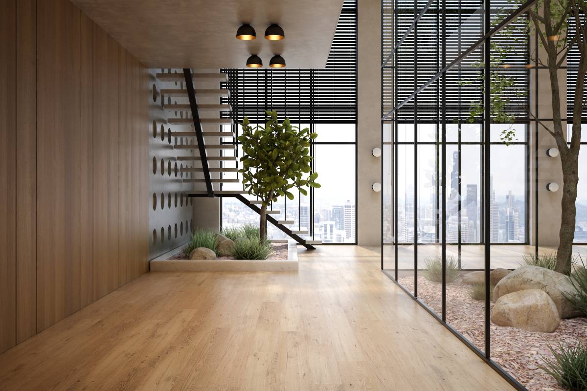 Eine Wohnung im biophilen Design mit Holzboden
